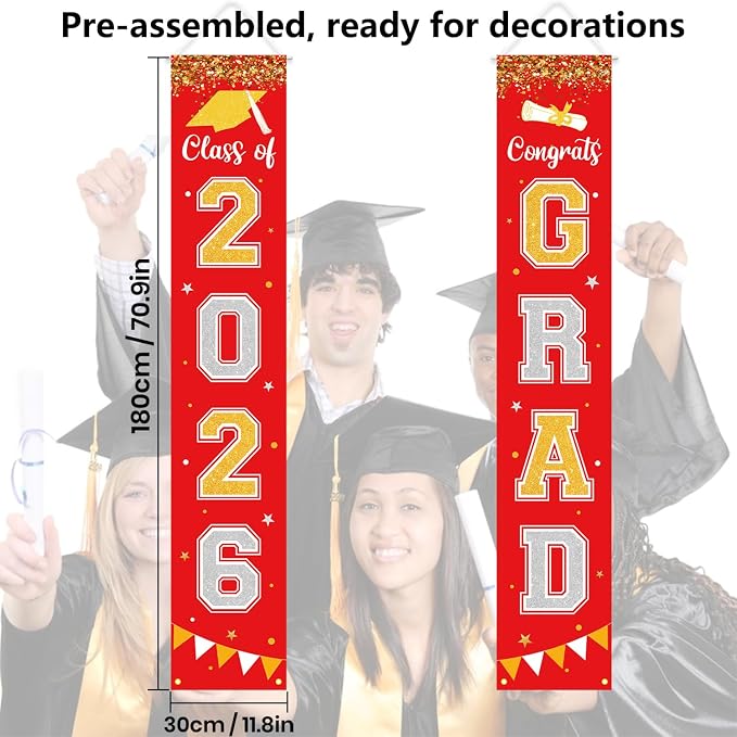 Graduation Decorations 2026 GRAD Banner Red Porch Door Sign Welcome Banner - Image 4