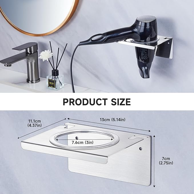 Hair Dryer Holder Wall Mounted, Hair Tool Organizer for Blow Dryer Holder Stainless Steel, Bathroom Hairdryer Holder, Adhesive Hair Dryer Organizer Storage Hanger for Vanity Barber Shops