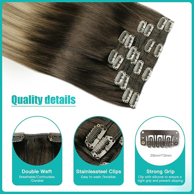 SURNEL Clip in Extensions Human Hair Dark Brown to Chestnut Brown and Dirty Blonde Clip in Hair Extensions 16inch 6pcs 100g(#2/6/18,16")