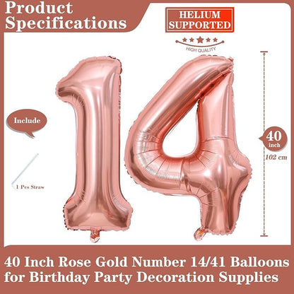 Rose Gold 14 Number Balloons, 40 Inch Giant Number 14 Balloons Foil Mylar - Image 2