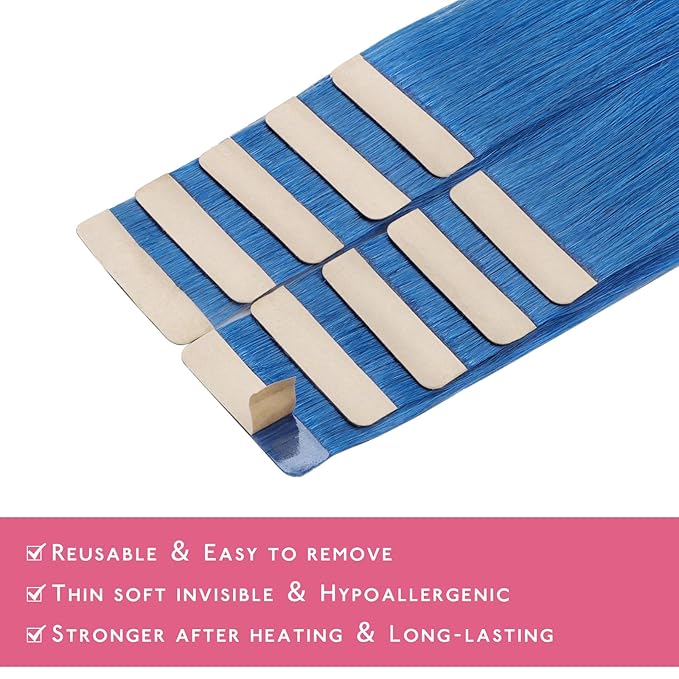WENNALIFE Tape in Hair Extensions Human Hair Blue Tape in Extensions, 10pcs 25g 14 inch Remy Invisible Tape Ins Straight Colored Soft Real Human Hair Tape in Extensions Refill Set Extensions
