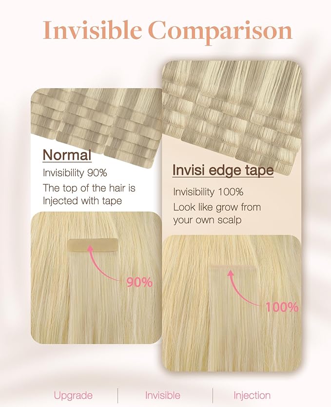 GOO GOO Invisi Edge Tape in Hair Extensions Human Hair, 17A/60A Ash Blonde Highlighted Platinum Blonde 10pcs injected with 10pcs classical tape ins, 16inch 50g, Virgin Remy Hair, Natural Look