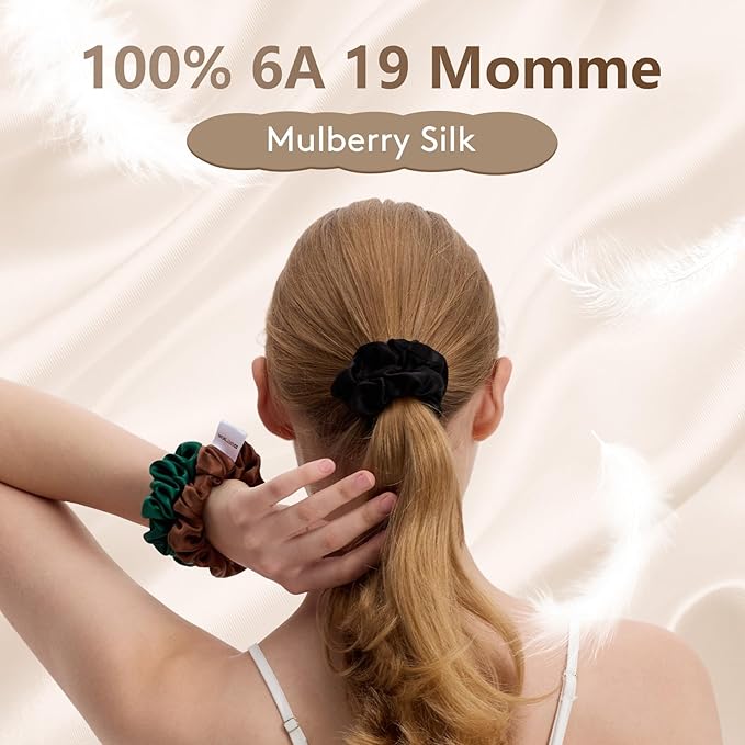 3 Pcs Silk Hair Ties, 22 Momme 100% Mulberry Hair Band, Silk Scrunchies for Women and Girls, 6A Grade No Damage Ponytail Holders (1.2in Width, Black)