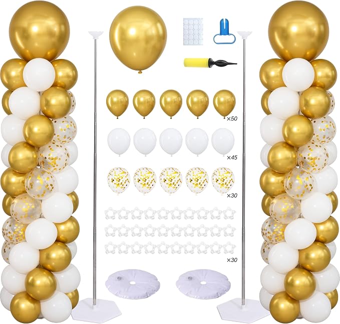 White and Gold Balloon Column Stand Kit Set of 2 by ZyloonDecoration