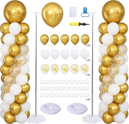 White and Gold Balloon Column Stand Kit Set of 2 by ZyloonDecoration