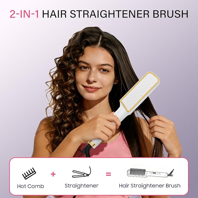 Hair Straightener Brush, Hair Straightening Iron with Built-in Comb, 4 Temp Settings & LED Display & Anti-Scald & Auto-Off Safety, Perfect for Fine, Soft Hair, Ideal Gift for Women