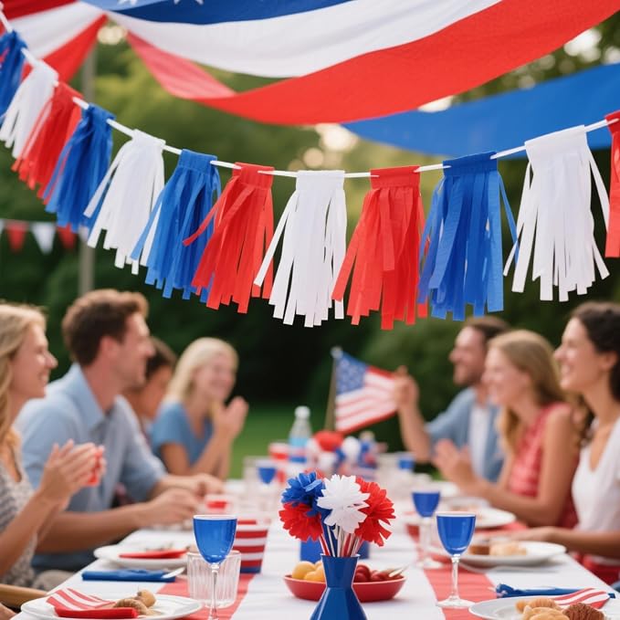 We Moment Blue Red and White Tissue Paper Tassels Party Tassel Garland Banner - Image 6