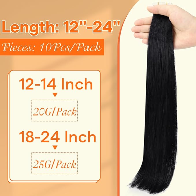 Full Shine Insert Virgin Tape in Hair Extensions Color Black Seamless Human Hair Tape in Extensions 25Gram Invisible Injection Tape Hair Extensions Real Human Hair 24Inch 10Pcs for Travel