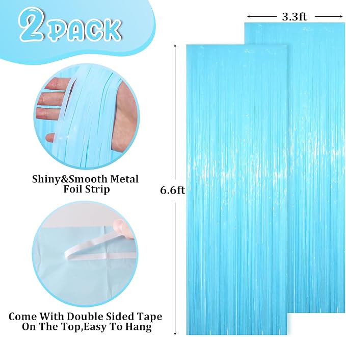Voircoloria Pastel Blue Foil Fringe Backdrop Curtains, 2 Pack | Tinsel Streamers - Image 3