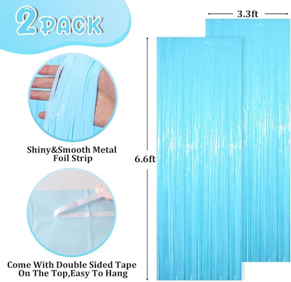 Voircoloria Pastel Blue Foil Fringe Backdrop Curtains, 2 Pack | Tinsel Streamers - Image 3