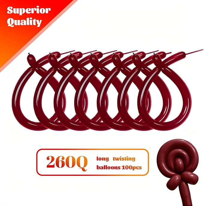 260 Burgundy Long Balloons for Balloon Garland Thickening Skinny Latex Twisting - Image 2