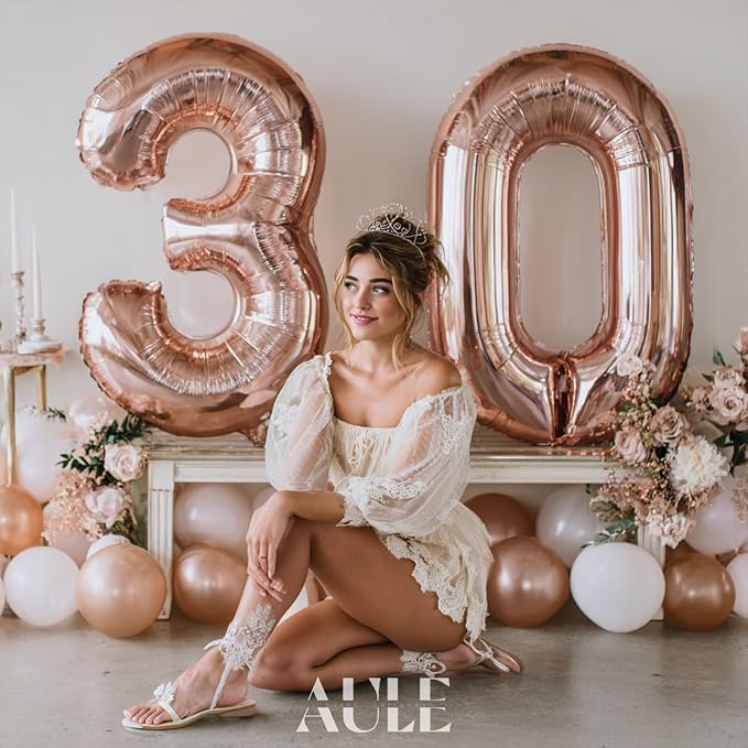 AULE 40 Inch Rose Gold 30 Balloon Number Foil 0-9 Birthday Big Numbers | - Image 2