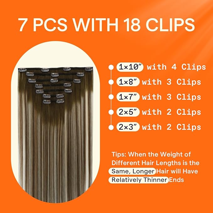 Full Shine Clip in Hair Extensions Balayage Clip in Extensions Blonde Human Hair Clip ins Double Weft Balayage Walnut Brown to Light Brown Mix Light Blonde 7 Pcs 24 Inch 120 G