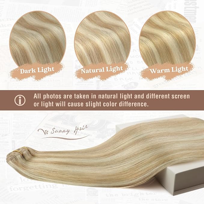 Ve Sunny Blonde Clip in Hair Extensions Real Human Hair Highlighted Clip in Human Hair Extensions Highlight Caramel Blonde with Platinum Blonde Human Hair Extensions Clip ins 120g 16 Inch 7pcs