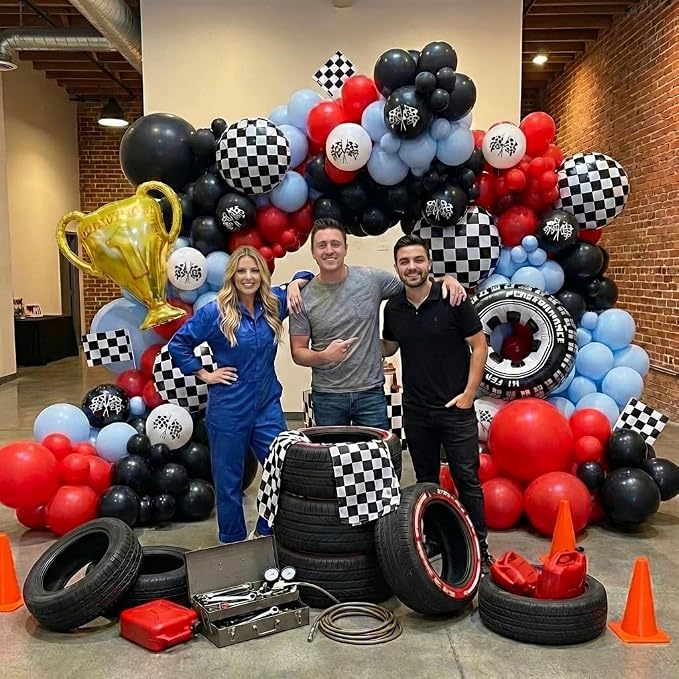 Race Car Balloons Arch Kit -162Pcs Trophy, Wheels and Red Black Blue Balloon - Image 7