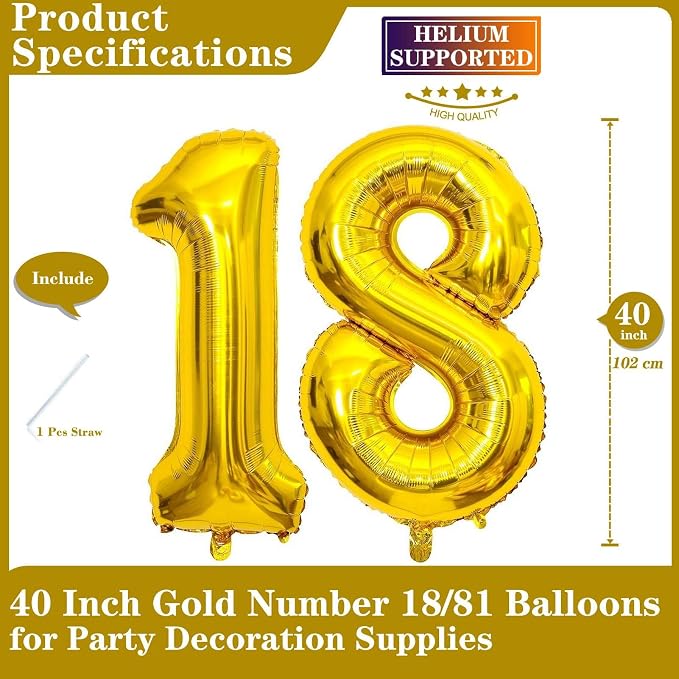 Gold 18 Number Balloons, 40 Inch Giant Number 18 Balloons Foil Mylar Helium - Image 2