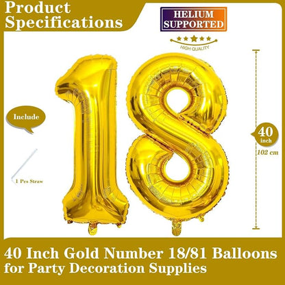 Gold 18 Number Balloons, 40 Inch Giant Number 18 Balloons Foil Mylar Helium - Image 2