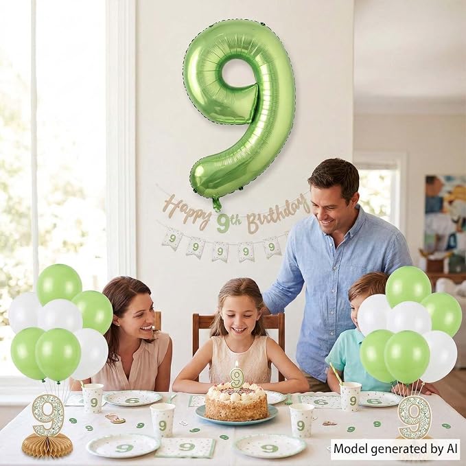 Light Green Number 9 Balloon 40 Inch, Glossy Metallic Digit Party Supplies | - Image 3