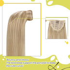 RUNATURE Human Hair Ponytail Extension Golden Blonde 14 Inch Ponytail Extensions Human Hair Light Blonde Highlighted Wrap Around Ponytail Human Hair Extensions Short Pony Tails Hair Extensions 70g