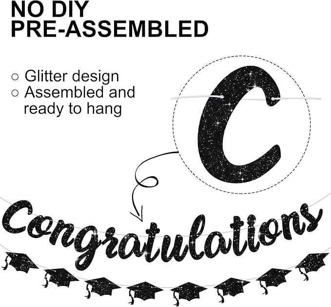 Black Glitter Congratulations Banner, 2026 Graduation Party Decorations Grad - Image 2