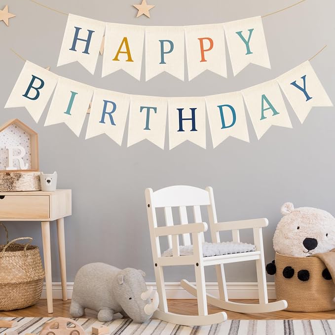 Doumeny Happy Birthday Burlap Banner Boho Birthday Bunting Garland Blue - Image 6