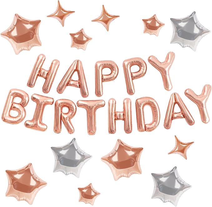 CANREVEL Happy Birthday Banner Decorations + 12Pcs Star Balloons, Rose Gold | by CANREVEL