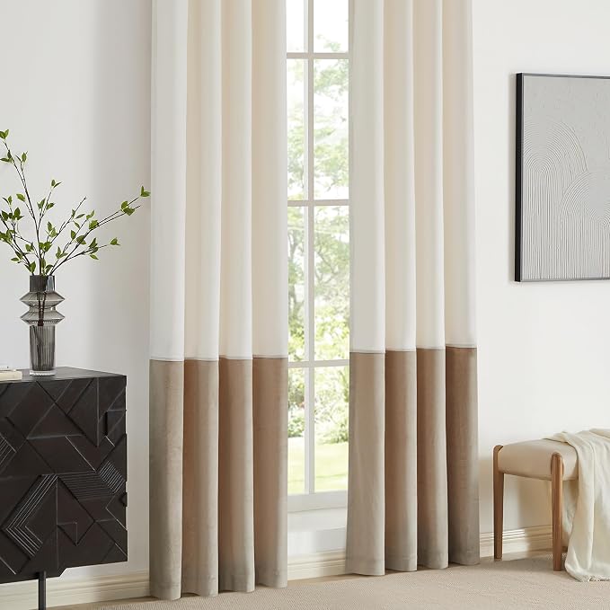 BULBUL Cream Ivory Champagne Luxury Velvet Curtains 120 inch, Color Block | - Image 4