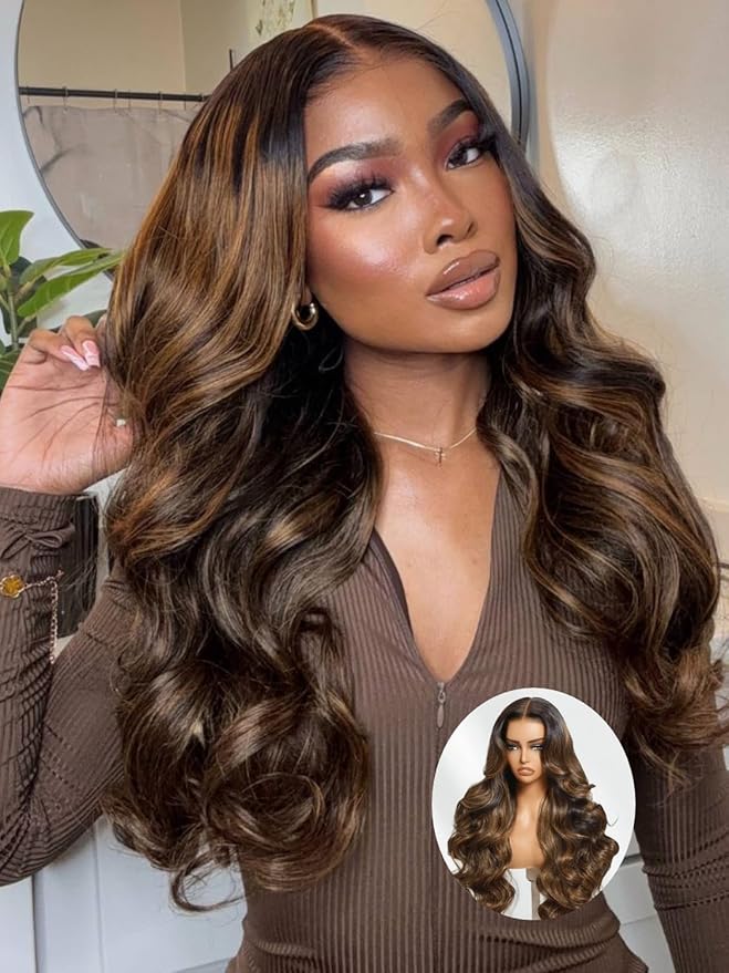 Julia Hair Bye Bye Knots Glueless Wig Highlight Balayage Brown Body Wave 7x5 Pre Cut HD Lace Front Wigs Human Hair Pre Plucked Bleached Knots Pre Everything Ready To Go Ombre Wig 20 Inch