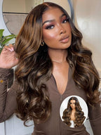 Julia Hair Bye Bye Knots Glueless Wig Highlight Balayage Brown Body Wave 7x5 Pre Cut HD Lace Front Wigs Human Hair Pre Plucked Bleached Knots Pre Everything Ready To Go Ombre Wig 16 Inch
