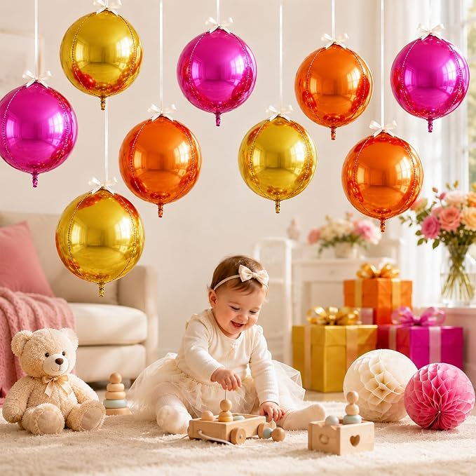 9 Pcs Pink Orange Gold Round Foil Balloons 22 In Metallic Hot Pink Gold Orange - Image 7