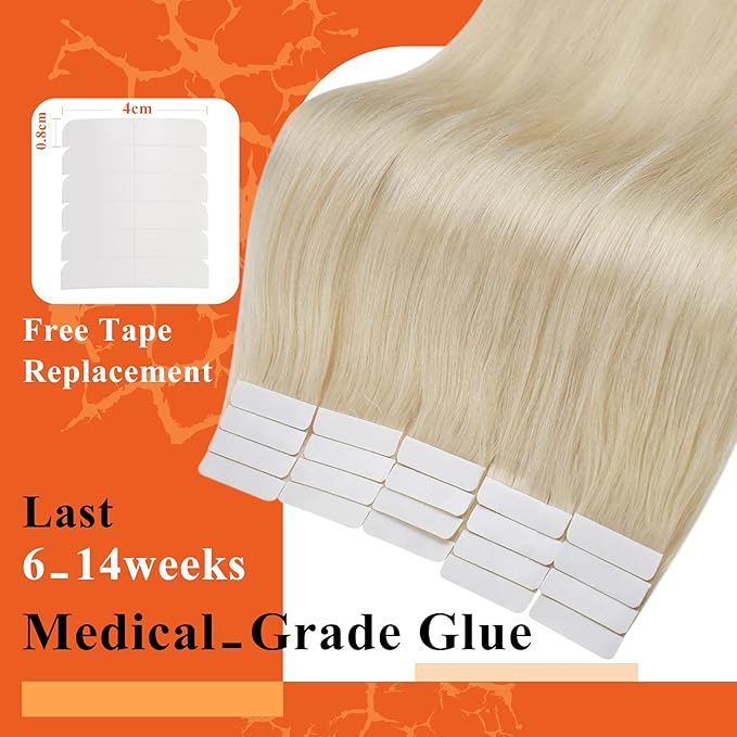 Full Shine Invisible Tape in Hair Extensions Color 60 Blonde Remy Skin Weft 12Inch Tape in Extensions 20 Pcs Seamless Invisible Brazilian Real Human Hair for Wedding Natural 30G