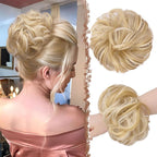 FESHFEN Messy Bun Hair Piece - Large Elastic Wavy Curly Hair Bun Scrunchies Ponytail Extensions Synthetic Chignon Hairpieces for Women, Champagne Blonde & White Blonde 1.94oz