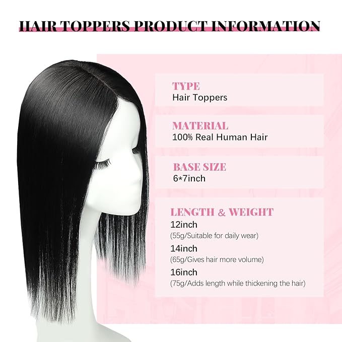 Hair Topper 16inch Hair Toppers for Women Real Human Hair 360° 3D 75g Natural Hairpiece Wiglet Extensions for Thin 6x7inch Large Base (#1Toppers-16inch)