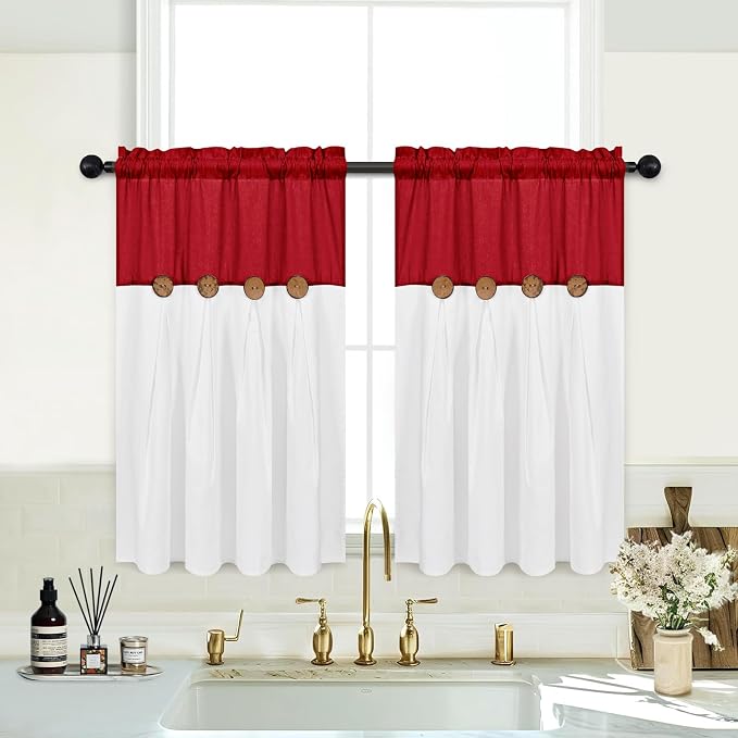 Farmhosue Kitchen Curtains 36 Inch Length, Rustic Cotton Linen Tier Curtains by FRAMICS