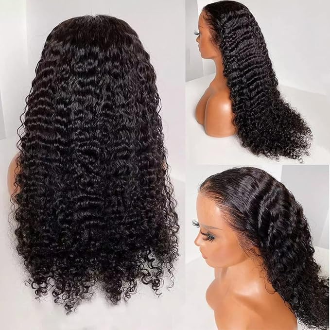 Deep Wave 13X6 HD Lace Front Wigs Human Hair Pre Plucked Brazilian Virgin Deep Curly Wigs with Baby Hair for Black Women Natural Black Color 200% Density 16 Inch