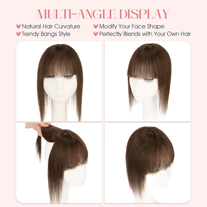 Hairro Mono Hair Toppers with Bangs, 3.4" x 3.4" Mono Base 100% Real Human Hairpieces for Women, 150% Density Clips In Topper for Greyish Thinning Hair, 20 Inch Dark Brown