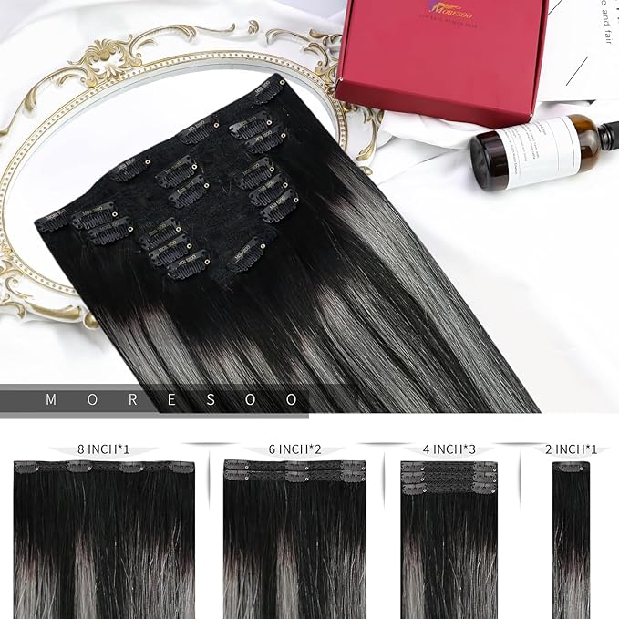 Moresoo Black And Silver Clip in Hair Extensions Ombre Black And Silver Human Hair Extensions Clip ins Real Human Hair for Women Double Weft 120g/7pcs 16 inch
