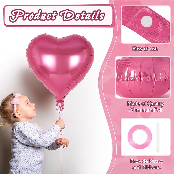 12 Pcs Deep Pink Heart Balloons, 18 Inch Heart Foil Balloons Love Balloon - Image 5
