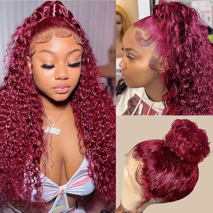 360 Deep Wave Lace Front Wigs Human Hair Burgundy Wig Human Hair Invisible Strap Pre Plucked Hidden Strap Pre Cut Lace Deep Wave HD Lace Frontal Wig with Drawstring 360 Glueless Wigs(24inch)
