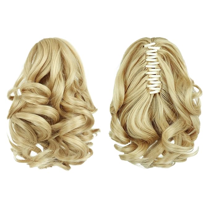 Ponytail Extension, Clip on Ponytails for Women, 9" Claw Clip in Short Curly Wavy Pony Hair Extension for Women - Light Honey Blonde
