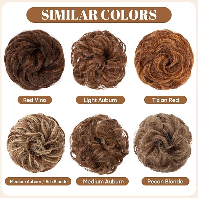 CJL HAIR Large Messy Bun Hair Piece Wavy Curly Scrunchies Synthetic Chignon Ponytail Hair Extensions Thick Updo Hairpieces for Women Medium Auburn