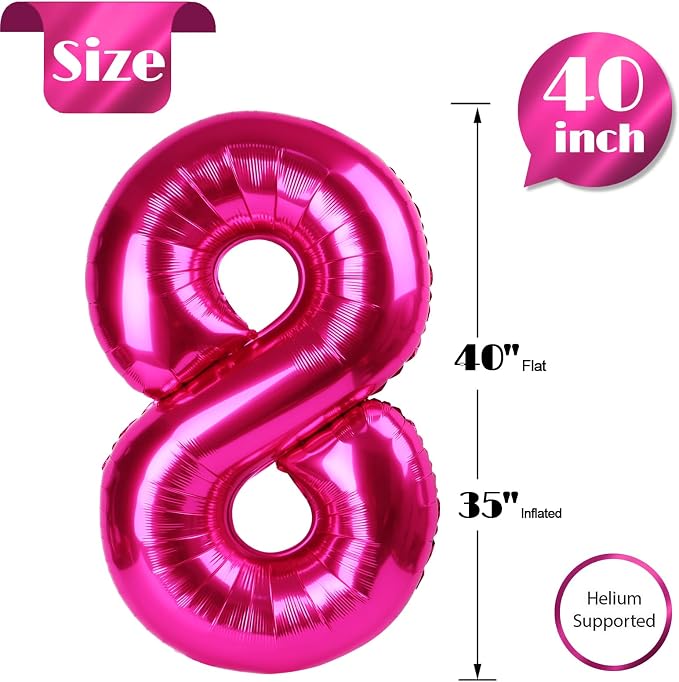 Hot Pink Number 8 Balloon 40 Inch, 8th Birthday Decorations Men Women | Foil - Image 5