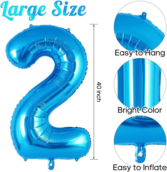 Blue Number 2 Balloon 40 Inch, Big Large Foil Helium Number Balloons, Jumbo - Image 3