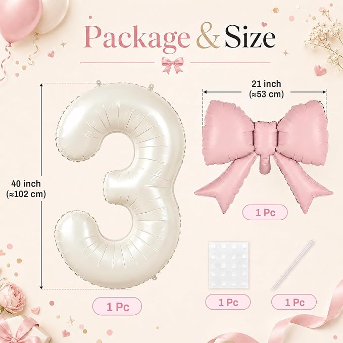 40 Inch Cream Number 3 with Pink Bow Balloons, Giant Self Inflating Beige Foil - Image 2