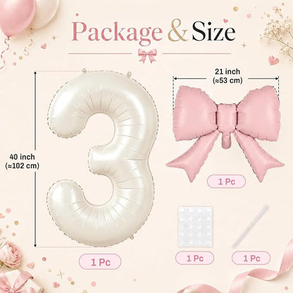 40 Inch Cream Number 3 with Pink Bow Balloons, Giant Self Inflating Beige Foil - Image 2