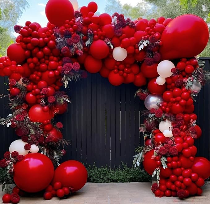 Red Balloon Arch Garland Kit Double Stuffed Ruby Red Balloons Different Sizes - Image 2