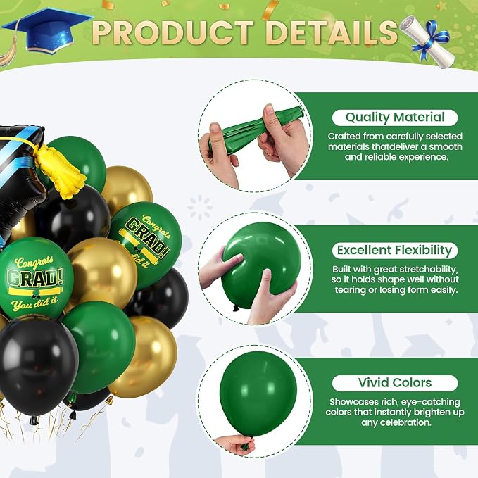 Green Black Graduation Balloons, Dark Green Gold Black Balloons - Image 3