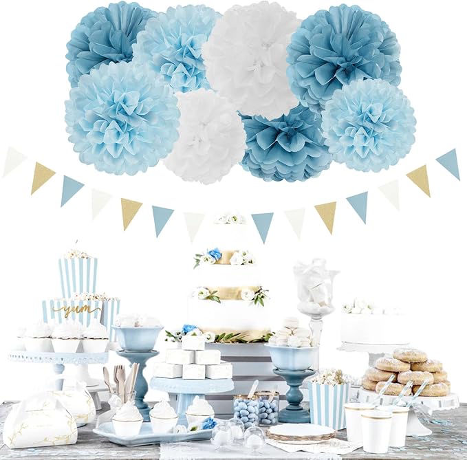 Dusty-Blue White Party-Decorations Paper-Flowers Lanterns - Image 2