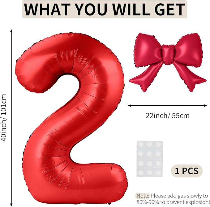 40 Inch Number 2 Balloon with Bow, Coquette Aesthetic Foil Balloon - Image 2