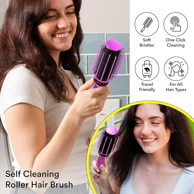 Self Cleaning Hair Brushes for Women - Curly Hair Detangler Brush Comb - Round Roller Retractable Travel Hairbrush - Purple Christmas Gifts